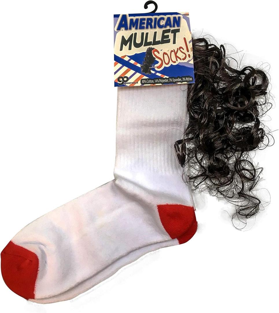 Gears Out American Mullet Socks Funny Mullet Gags Novelty Rockabilly Funny Socks for Men Weird Athletic Socks with Fake Hair Party in the Back Unisex Stocking Stuffers