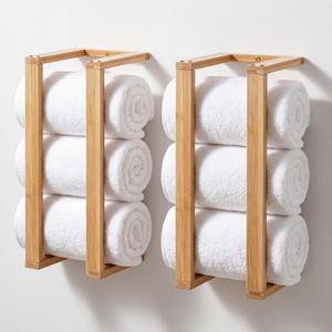 Gerrii 2 Pack Bamboo Towel Rack for Bathroom Wall Mounted, Natural Wooden Towel Shelf Holder for Rolled Towels, Bamboo Bathroom Accessories Organizer for Small Space Spa Storage Farmhouse Decor