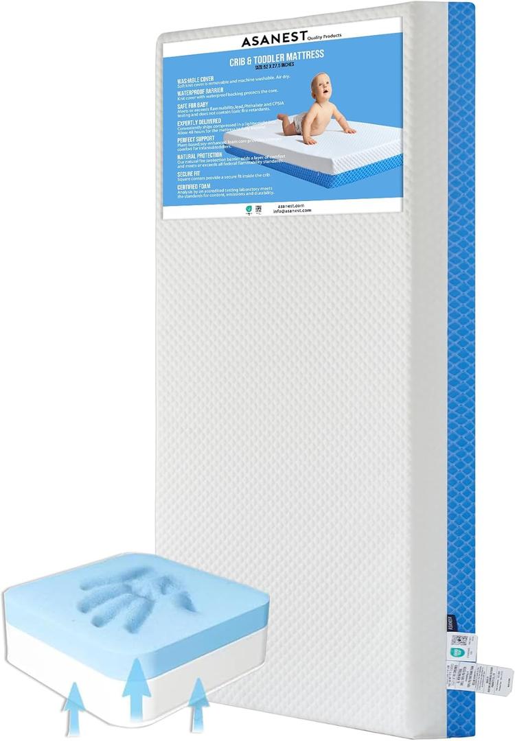 Dual Sided Comfort Gel Memory Foam Breathable Baby Bed Mattress for Crib, Premium for Infant and Toddler with Removable Outer Cover, White & Blue, Standard Size 52 x 27.5 x 5 Inches
