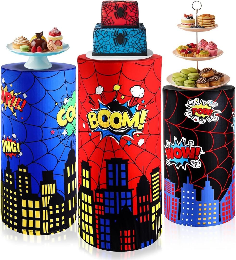 3 Sets Spandex Cylinder Stand Covers Cake Pedestal Cover Dessert Table Gift Display Round Cylinder Stand Covers for Birthday Party Baby Shower Backdrop Wedding Props Decor, Spiderweb Red Blue