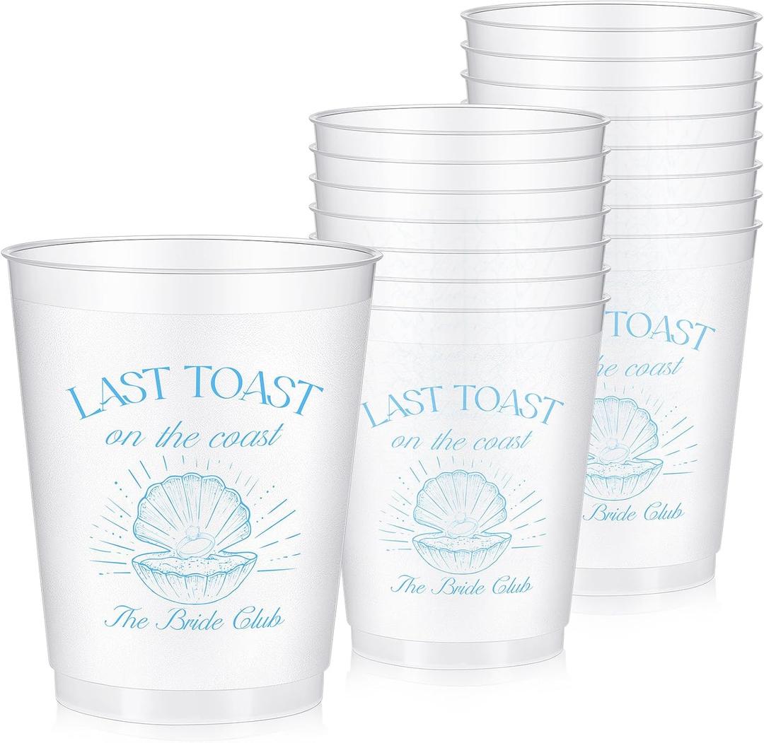 Baderke 16 Bachelorette Party Cups Last Toast on the Coast Clear Frosted Plastic Cute Bach Party Drinkware Reusable Cups Supplies Bridal Shower Favors Engagement Decorations Gift(16oz, Blue Shell)