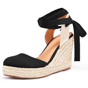 Ermonn Womens Espadrilles Wedge Sandals Platform Closed Toe Ankle Strap Lace Up Summer Shoes (7, 1-black)