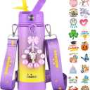 Mininoo Insulated Stainless Steel Kids Water Bottle for School with Straw Lid & Strap, 50 Stickers, 18 oz(Purple/Yellow)