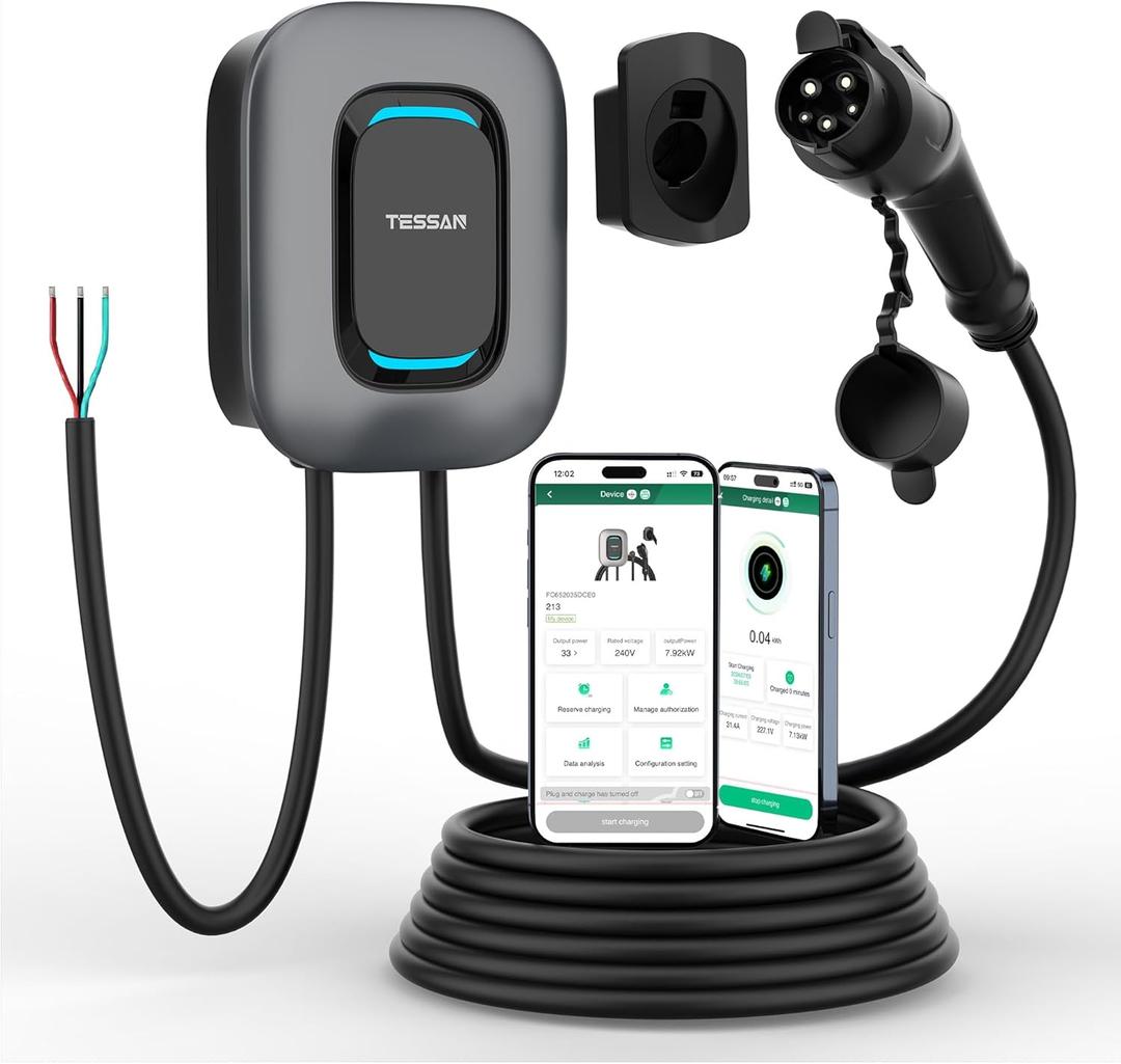 TESSAN Level 2 EV Charger, Hardwired Electric Vehicle Fast Charging Station, 48A/240V Smart Equipment App Control Wi-Fi Only 2.4Ghz& Bluetooth, 25ft Cable with Holder for Indoor Outdoor Home