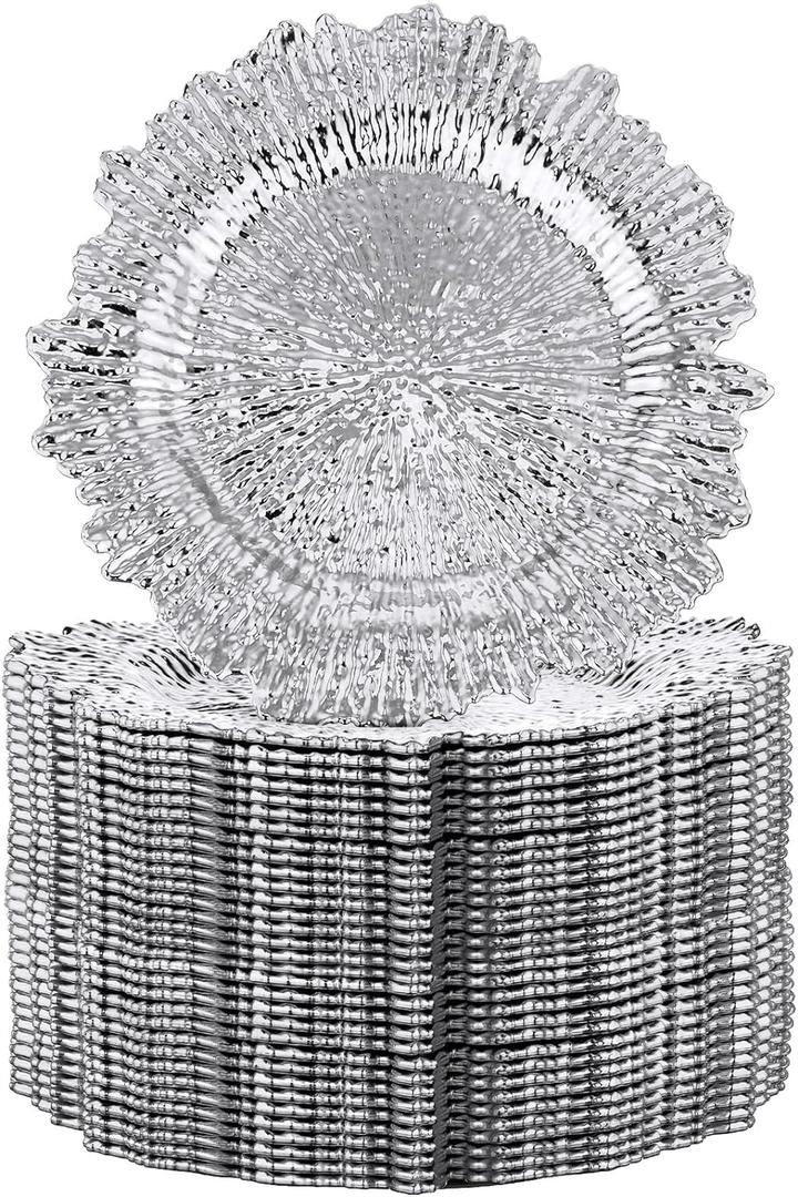 32 Pack Charger Plates Set Reef Chargers for Dinner Table Serving Tray Floral Plastic Decorative Plates for Table Setting Wedding Party, 13 Inch(Silver)