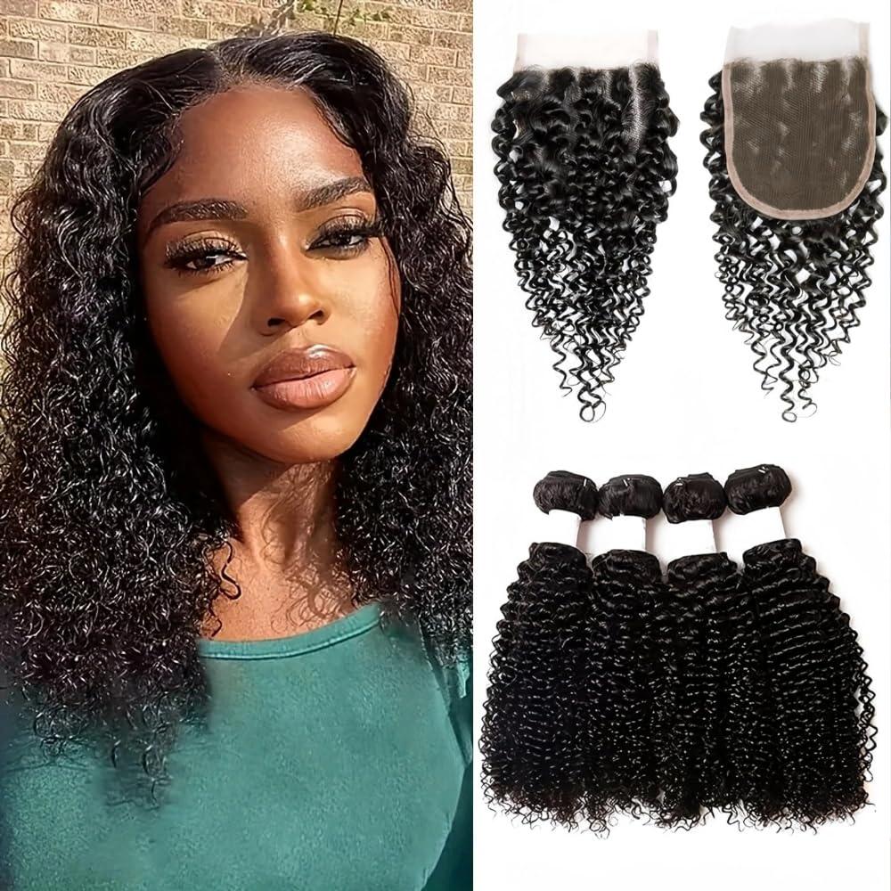Mongolian Kinkys Curly with Closure Human Hair 4Bundles(50g/bundle) with Lace Closure Mongolian Curly Hair Weave Bundles with Closure(14/14/16/16+14" closure,Natural Black)