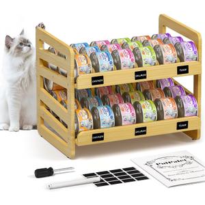 Cat Food Can Organizer for 3 oz & 5.5 oz Wet Cat Food Cans, Wooden FIFO Can Dispenser for Pantry or Feeding Station, Includes Dry-Erase Labels, Marker & Anti-Slip Pads
