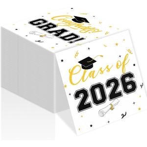 Class of 2026 Graduation Napkins, 3-Ply Disposable Congrats Grad Paper Napkins for Dinner and Cocktail Party Decorations, School and College, 6.5-Inch Square (100, Black)