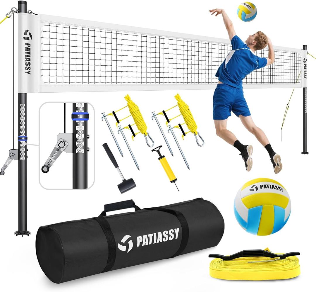 Portable Volleyball Net for Backyard: Patiassy Heavy Duty Professional Outdoor Set with Adjustable Aluminum Poles Winch System Steel Stakes Anti-Sag Design Pump and 1680D Carry Bag for Beach Grass