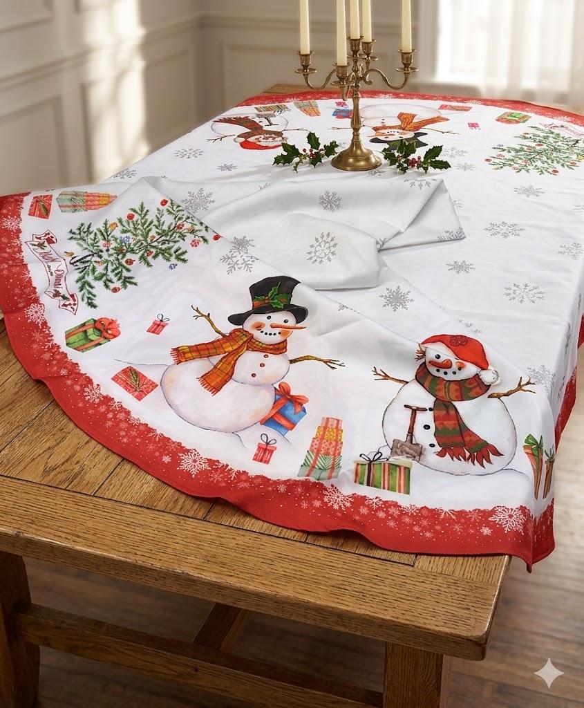 Christmas Tablecloth 60x84 Inch Round, Winter Snowman Trees White Washable Seasonal Table Cover for Party Picnic Dinner Decor