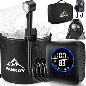 Portable Shower for Camping, 8000mAh Rechargeable Camping Shower Pump with XL Foldable Bucket, IPX8 Waterproof, Surrounding Water Inlet, 5 Pressure Modes Outdoor Shower Pump for Hiking, Travel, Pet