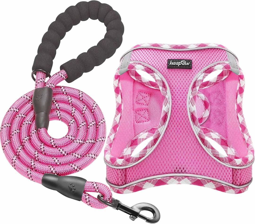 HHaapaw Dog Harness with Leash Set, No Pull Adjustable Reflective Step-in Puppy Harness with Thickened Padded Vest for Extra-Small/Small Medium Dogs (Pink)