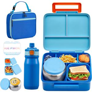 Bento Lunch Box for Kids with 8oz Soup Thermo, Leak-proof Lunch Food Containers with 5 Compartment, Insulated Lunch Bag & 17oz Stainless Steel Water Bottle for School, Travel (Blue)