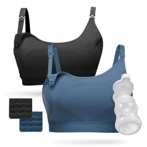 Momcozy Pumping Bra, Pumping Bra Hands Free 2 Pack Comfortable All Day Wear Pumping and Nursing Bra in One Holding Breast Pump for Spectra, Lansinoh, Medela (Large, Black, Blue)