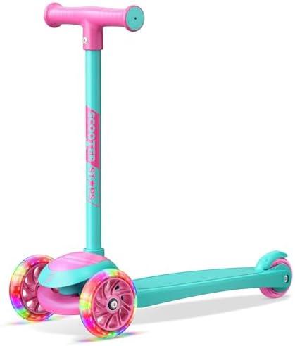 3 Wheel Scooter for Kids, Smooth Light Up LED Front Wheels, Wide Anti Slip Deck, Rear Foot Brake, Easy Maneuvering T-bar Handle, Indoor & Outdoor Ride On Toys for Ages 2 Up