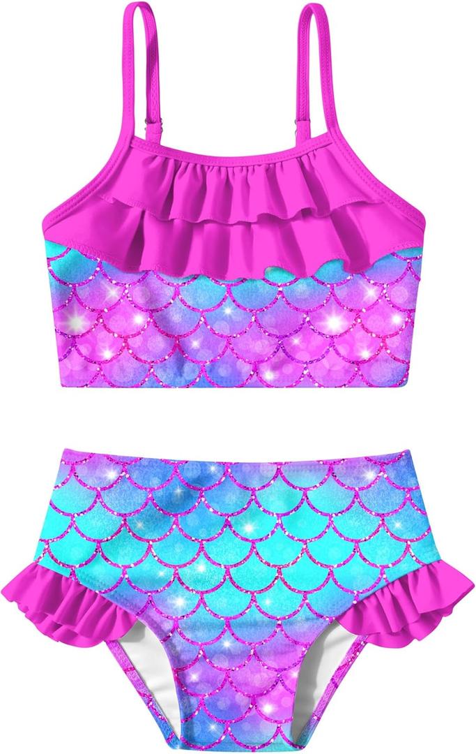 Little Girls Two Piece Mermaid Bikini Set Ruffle Adjustable Summer Beach Bathing Swimsuit 3-7 Years for Kids (4-5T, Mermaid Scale Pink)