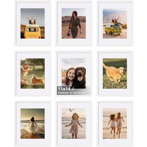 KINLINK 11x14 Picture Frame Set of 9, Wooden 14x11 Photo Frames with Plexiglass for 8x10 Picture with Mat or 11x14 Without Mat, Art Collage for Wall Gallery and Tabletop Display, 11 x 14 Frame White