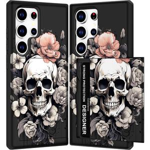 for Samsung Galaxy S23 Ultra Case - Black Bone Skull | Cute Wallet Cases For Women With Design,Rugged Credit Card Holder Slot Protective Phone Skin