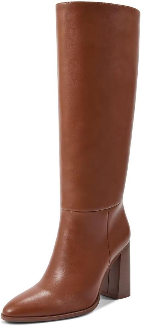 wetkiss Knee High Boots Women Slip On/Zipper Boots for Work Date Dress Party Club Shoes (8.5, Brown - Pull on)