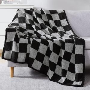 WRENSONGE Checkered Throw Blanket, Black Grey Checkered Soft Cozy Fluffy Warm Hand Made Throw Blankets for Couch, Sofa, Chair, Bed, Picnic,Travel Lightweight Bed Blankets for Men (Throw-XL(50"x 70"))