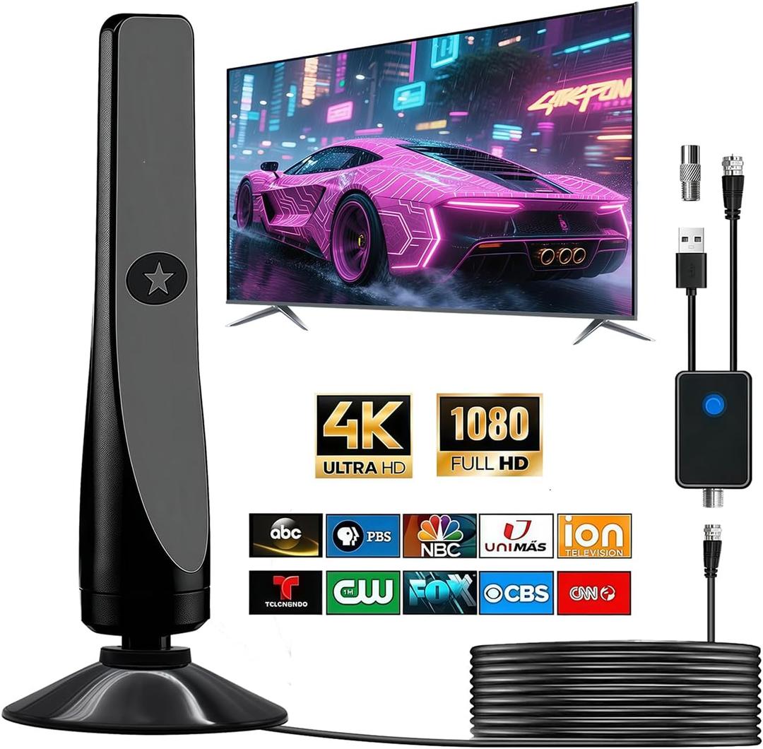 TV Antenna, Amplified HD Digital TV Antenna,for Long Range Reception,All Smart HD Digital Antennas with Amplifier Signal Booster for Local Channels Supports 4K 1080P,with High Performance Coax Cable-T (Black)