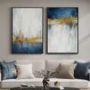 Framed Blue and White Abstract Wall Art for Living Room, Set of 2 Large Gold Modern Luxury Canvas Artwork for Walls, Contemporary Minimalist Painting Print Wall Decor for Bedroom Office, 24x36 Inch