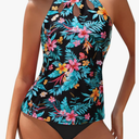 Yonique Two Piece High Neck Tankini Swimsuits for Women Tummy Control Bathing Suits Floral Print Swimwear, XL