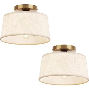2P Modern Ceiling Light Fixture, 10 Inch Semi Flush Mount Lamp with Linen Shade, E26 Base, Gold for Kitchen Bedroom Hallway Closet Entryway Room Small Spaces, 2 Pack