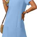 AlvaQ Womens Solid Color Casual Summer Square Neck Short Sleeve Mini Dresses with Pockets (Blue, L)