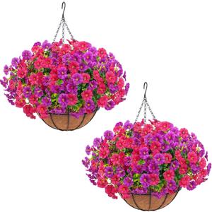 Elyum 2 Pack Artificial Hanging Flowers for Outdoors, Fake Flowers Artificial Petunias Hanging Baskets for Outdoors, UV Resistant Fake Hanging Plants Flowers for Outside Garden Patio Porch Decor (Purple&rose Red)