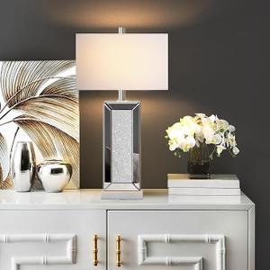 Modern Table Lamp Touch Control, Silver Mirror Diamond Crystal Bedside Lamp with USB C+A Ports, 3-Way Dimmable Mirrored Nightstand Lamps White Fabric Shade for Living Room Bedroom Art Decor