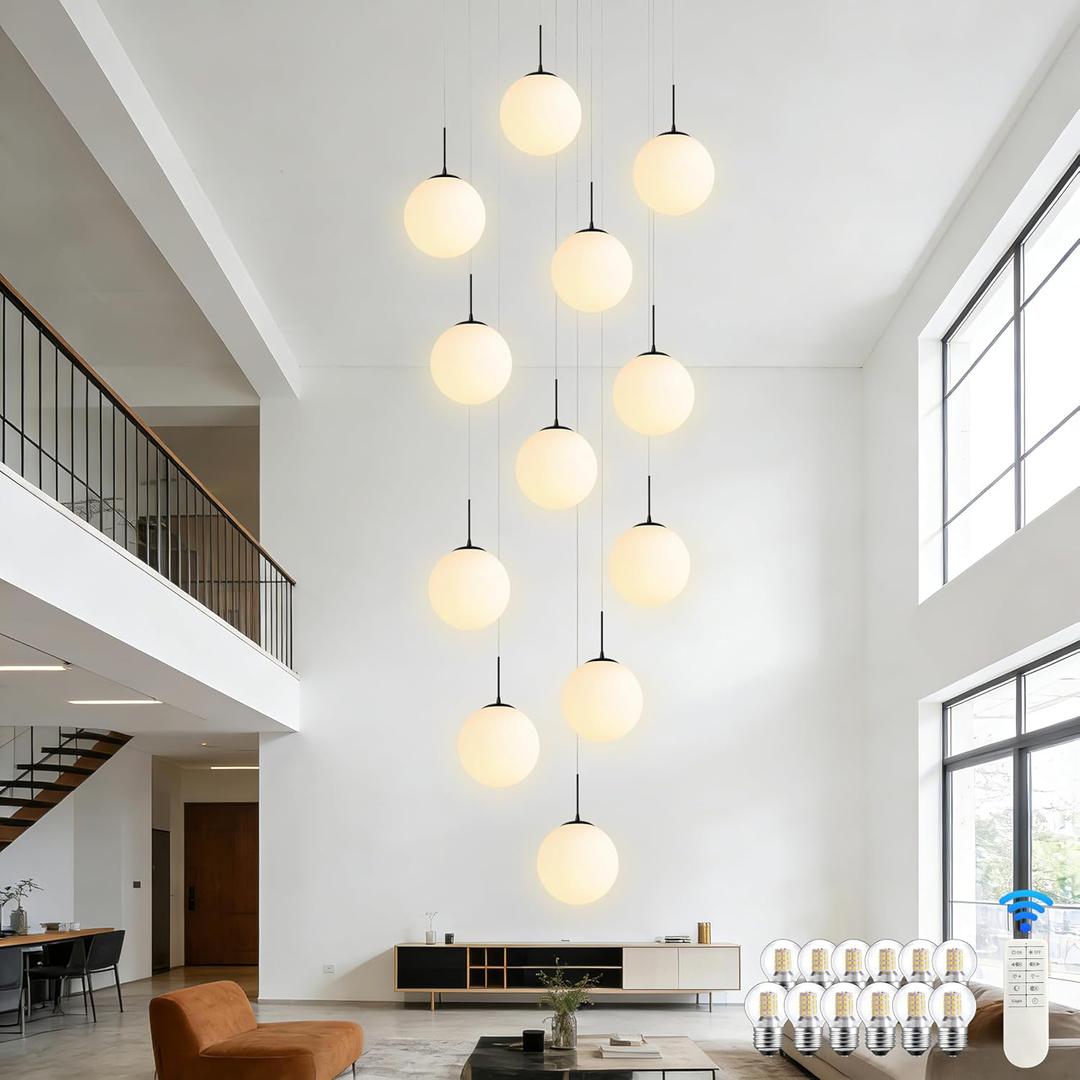 KoKo&Yukina 12-Light Black Mid Century Modern Chandelier for Living Room Staircase Chandelier for Entryway Globe Milky White Glass Pendant Light High Ceiling Chandeliers Foyer (Bulb & Remote Incl.)