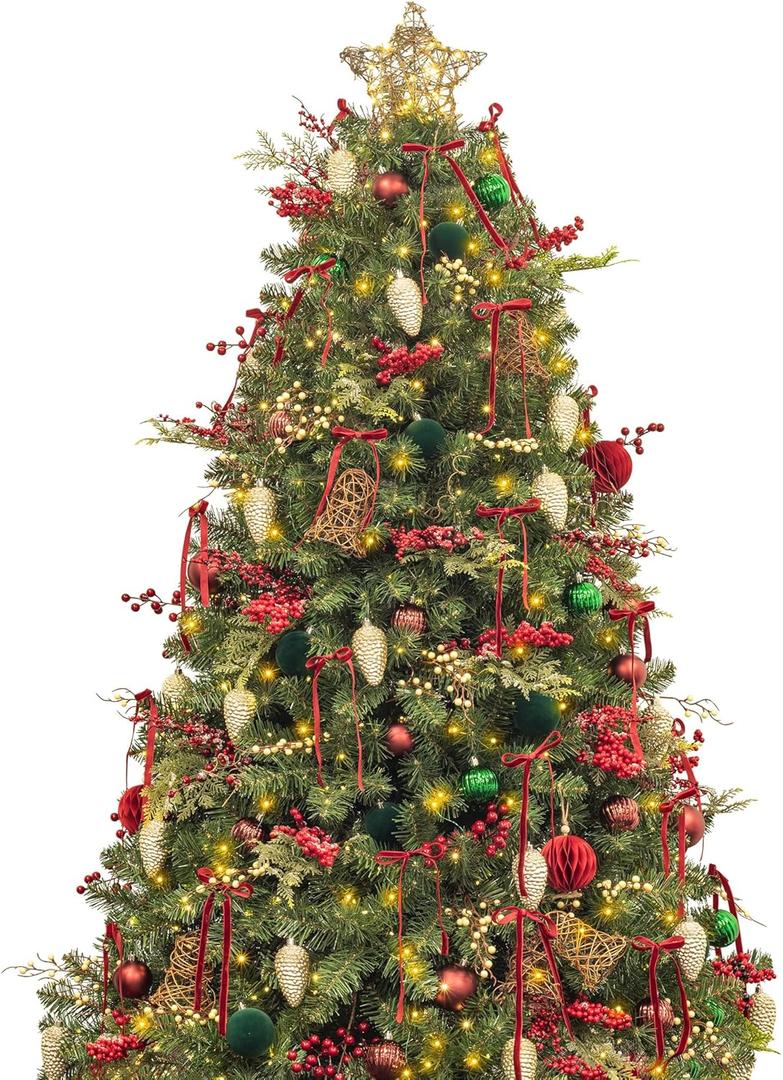 KI Store 7ft Christmas Tree with Decorations and Lights Classic All-in-ONE Completed Christmas Tree Set Including 7ft Artificial Xmas Tree, Ornaments, USB LED String Lights with Remote and Timer