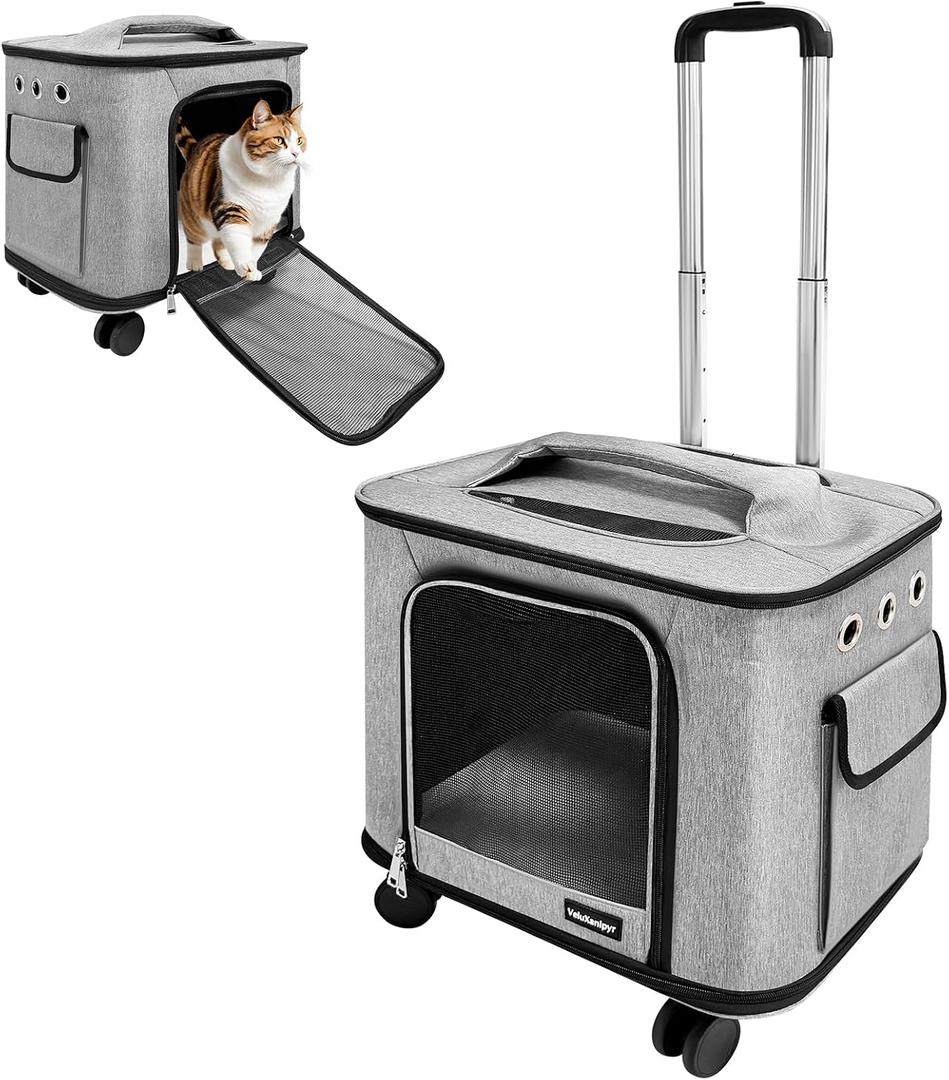 Pet Carrier with Wheels,Rolling Cat Carrier with Adjustable Pull Rod for Travel,Outdoor Use,Airline Approved Dog Carrier with Handle,Gray