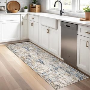 2x5 Non-Slip Washable Runner Rug  Modern Neutral Abstract Small Rug for Hallway, Kitchen, Bathroom, Bedroom, Entryway, Laundry Room  Thin Soft Low-Pile Rubber BackingBlue Brown