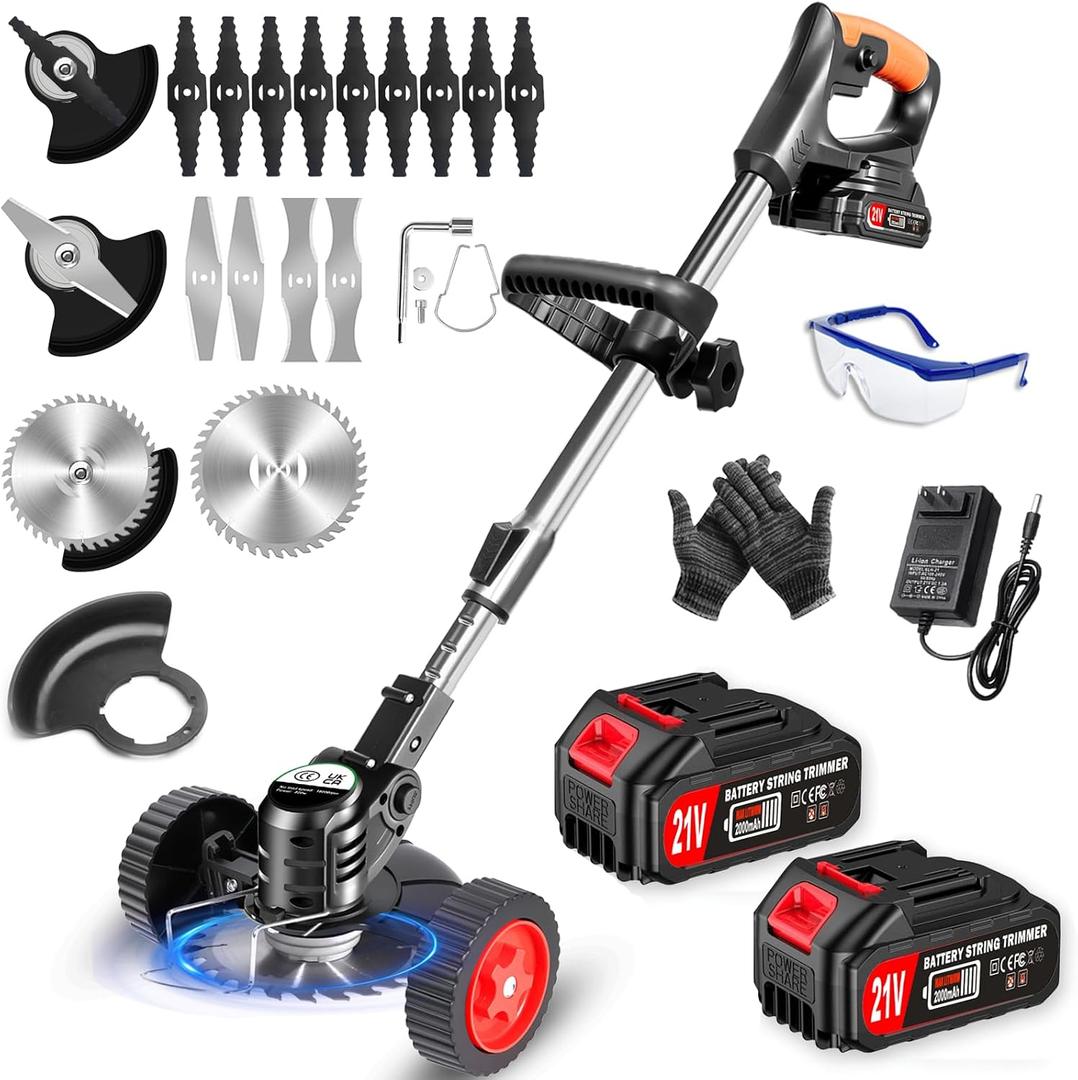 Electric Weed Wacker Eater Battery Powered 3 in 1 Cordless Weed Trimmer 2 21V Battery Operated with 4 Types Blades & Wheels, No-String Grass Trimmer/Lawn Edger/Brush Cutter for Garden Yard