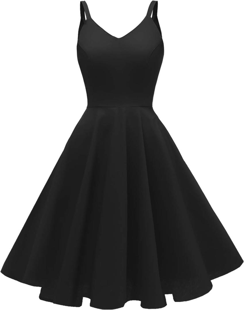 GOOBGS Women's 1950s Retro Vintage Spaghetti Strap Cocktail Swing Dresses with Pockets (Black, XL)