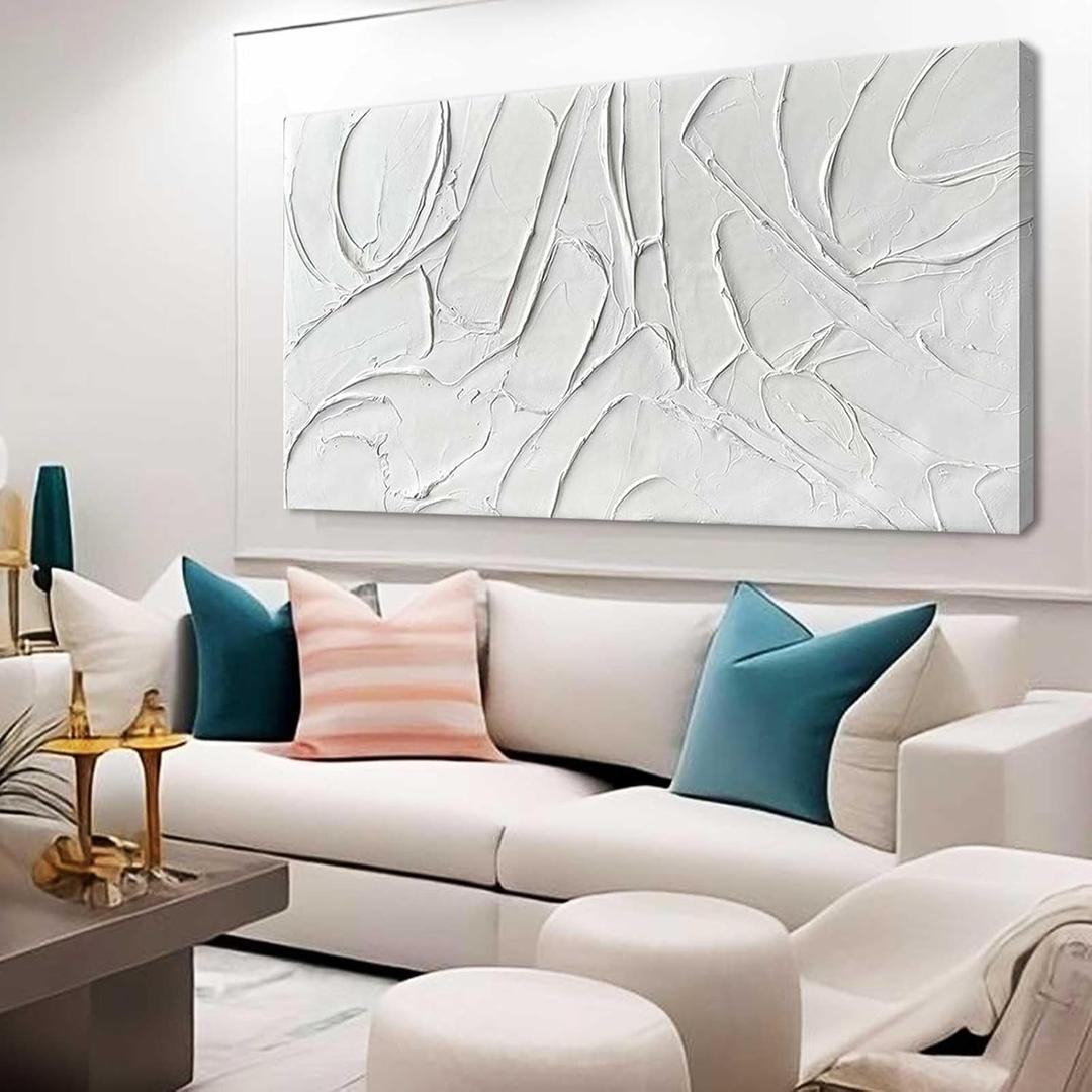 XIANSHOU Home Decor White Abstract Wall Decor Maximalist Artwork Textured Canvas Wall Art Pictures for Living Room Bedroom Home Office Decor 24"x48"