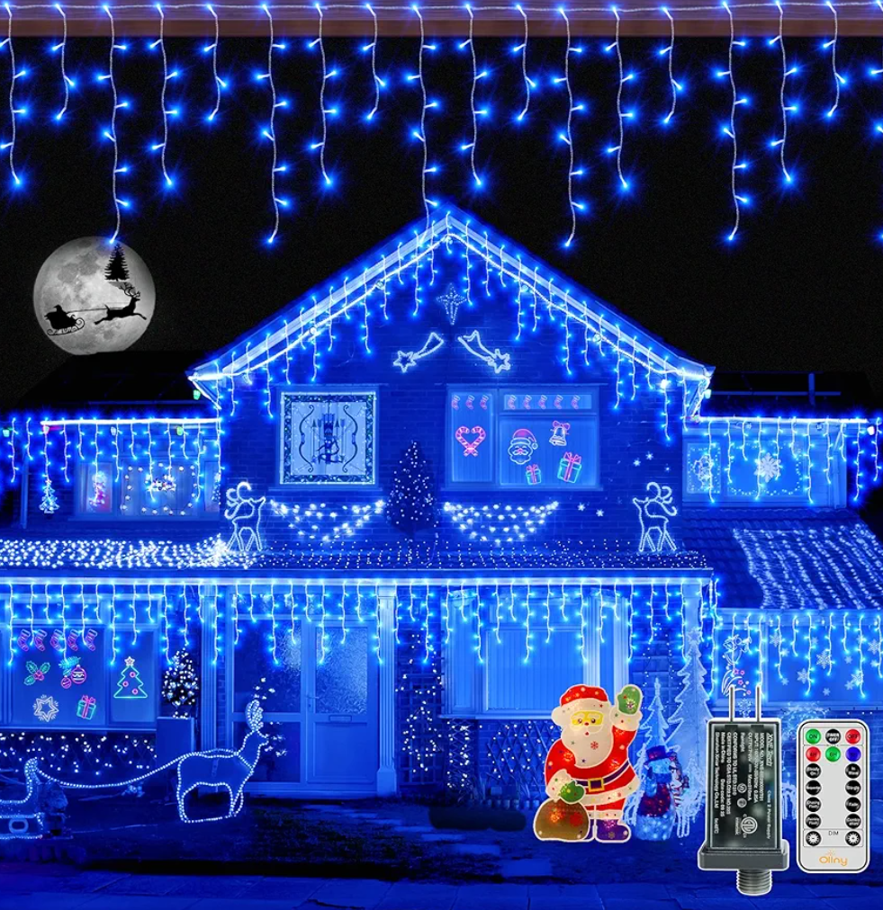 Ollny Icicle Lights 720LED 60FT, Cool White Christmas Lights with Remote 8 Modes Dimmable, Waterproof Connectable Timer Hanging Light for House Outdoor Outside Yard Indoor Decorations