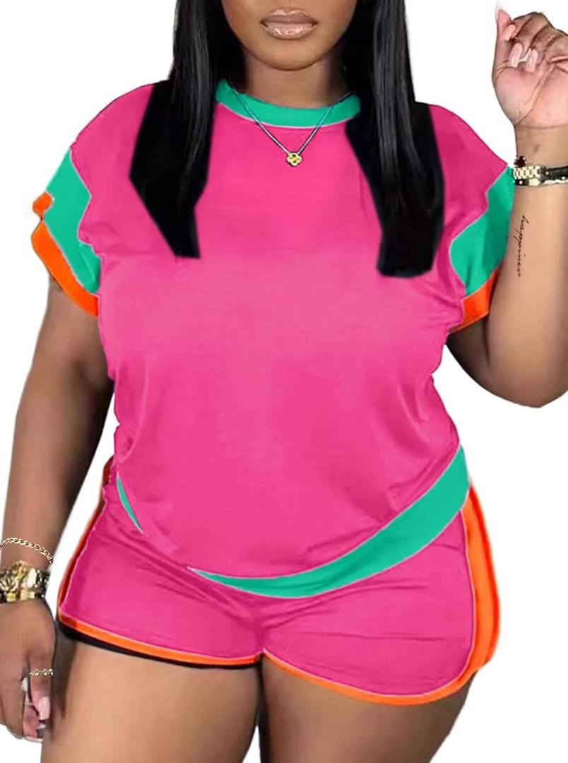 LovelyWholesale Women 2 Piece Outfits Color Block T Shirt with Shorts Set Summer Tracksuit (X-Large, Pink)