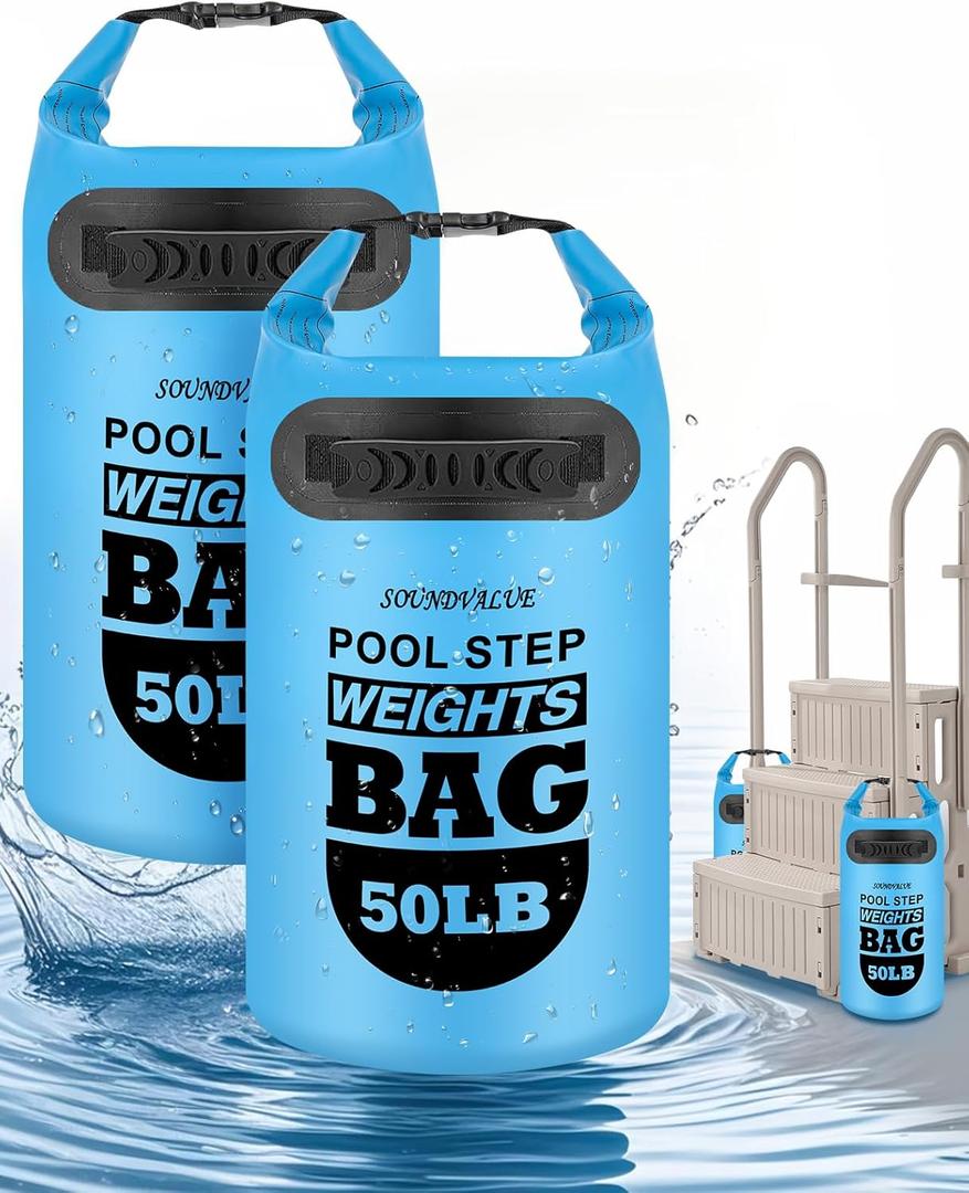 2 Pack 50lb Heavy Duty Pool Ladder Weights, Universal Above Ground Pool Step Sand Bags with Handles, 500D PVC Durable Waterproof & Foldable Sandbags for Swimming Pool Stairs (Sky Blue)