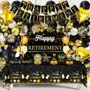 Retirement Party Decorations for Men Women 109Pcs Black Gold Happy Retirement Set Retired Banner Backdrop Balloons Sash Swirls Pompoms Tablecloth Honeycomb - Indoor Outdoor Reusable