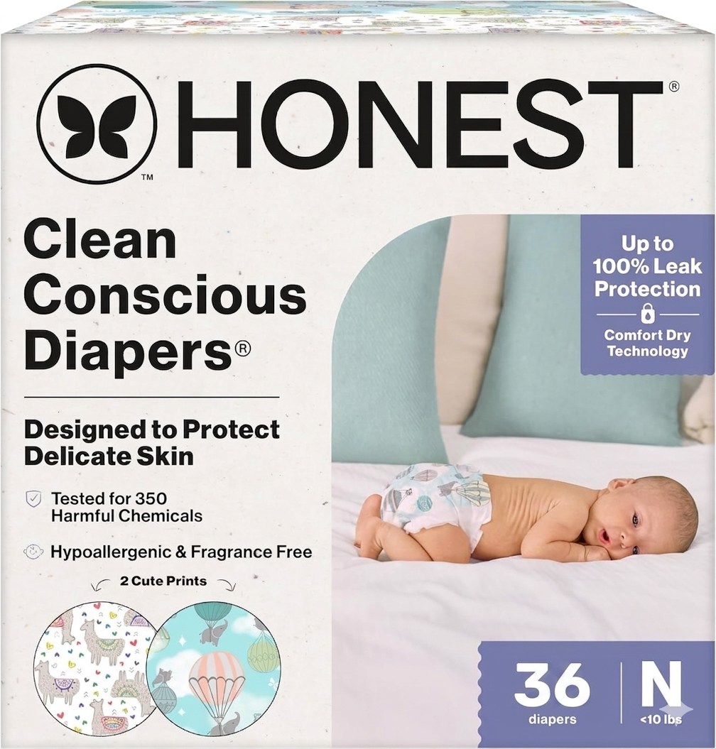 The Honest Company Comfort Dry Disposable Diapers for Sensitive Skin, Hypoallergenic, Above It All + All The Alpacas, Club Box Size Newborn 36 Count