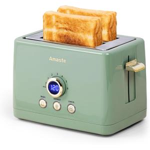 2 Slice Toaster, Retro Bread Toaster with LED Display, Extra Wide Slots Toasters with 6 Bread Shade Settings, Bagel, Cancel, Defrost Function, Stainless Steel with High Lift Lever, Removal Crumb Tray (Matcha Green)