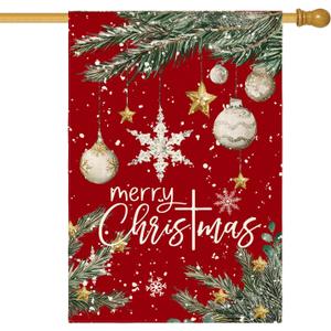 AVOIN colorlife Merry Christmas House Flag 28x40 Inch Double Sided Outside, Ornament Baubles Winter Holiday Yard Outdoor Flag,  Red