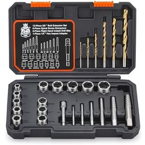 REXBETI 26-Piece Bolt Extractor Screw Extractor Set and Cobalt Drill Bit Set, Case with 13-Piece Bolt Extractor, 6-Piece HSS Drill Bit, 6-Piece Spiral Screw Extractor and 1-Piece Socket Adapter