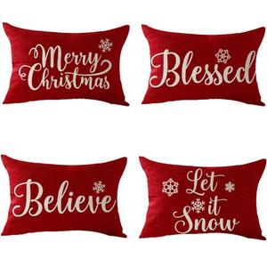 Happy Winter Merry Christmas Set of 4 Snowflake Blessed Believe Let It Snow Decorative Lumbar Throw Pillow Cover12X20 inches