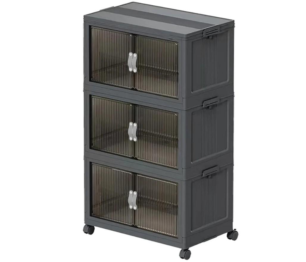 Collapsible Storage Bins with Lids Black Stackable Plastic Organizers for Clothes, Decor, Craft Supplies & Home Storage (3 racks, 9 gal/rack)