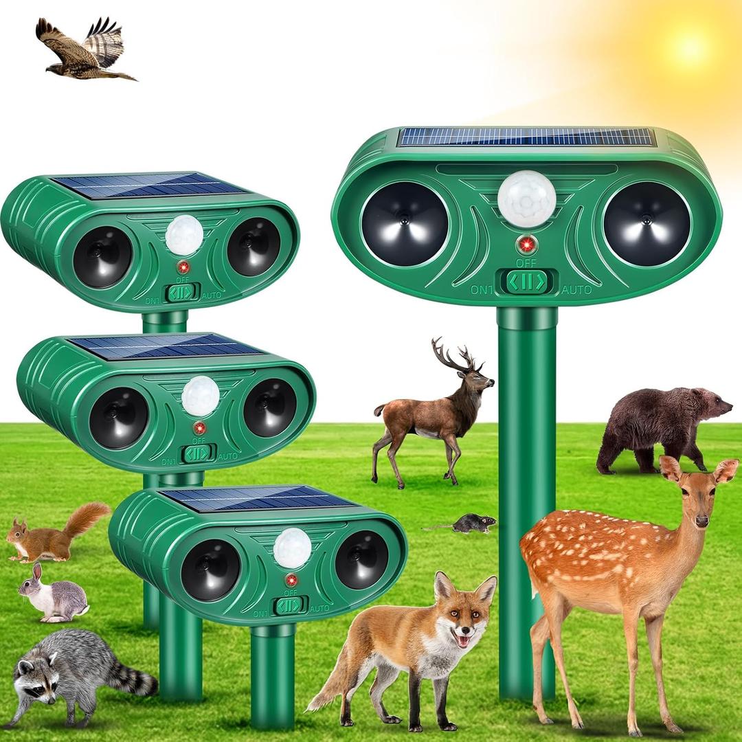 2026 Upgraded Solar Ultrasonic Animal Repellent Motion Activated Deer Repellen Outdoor with Adjustable Frequency Cat Deterrent to Keep Dog Raccoon Squirrel Rabbit Away from Yard Garden 4 Pack