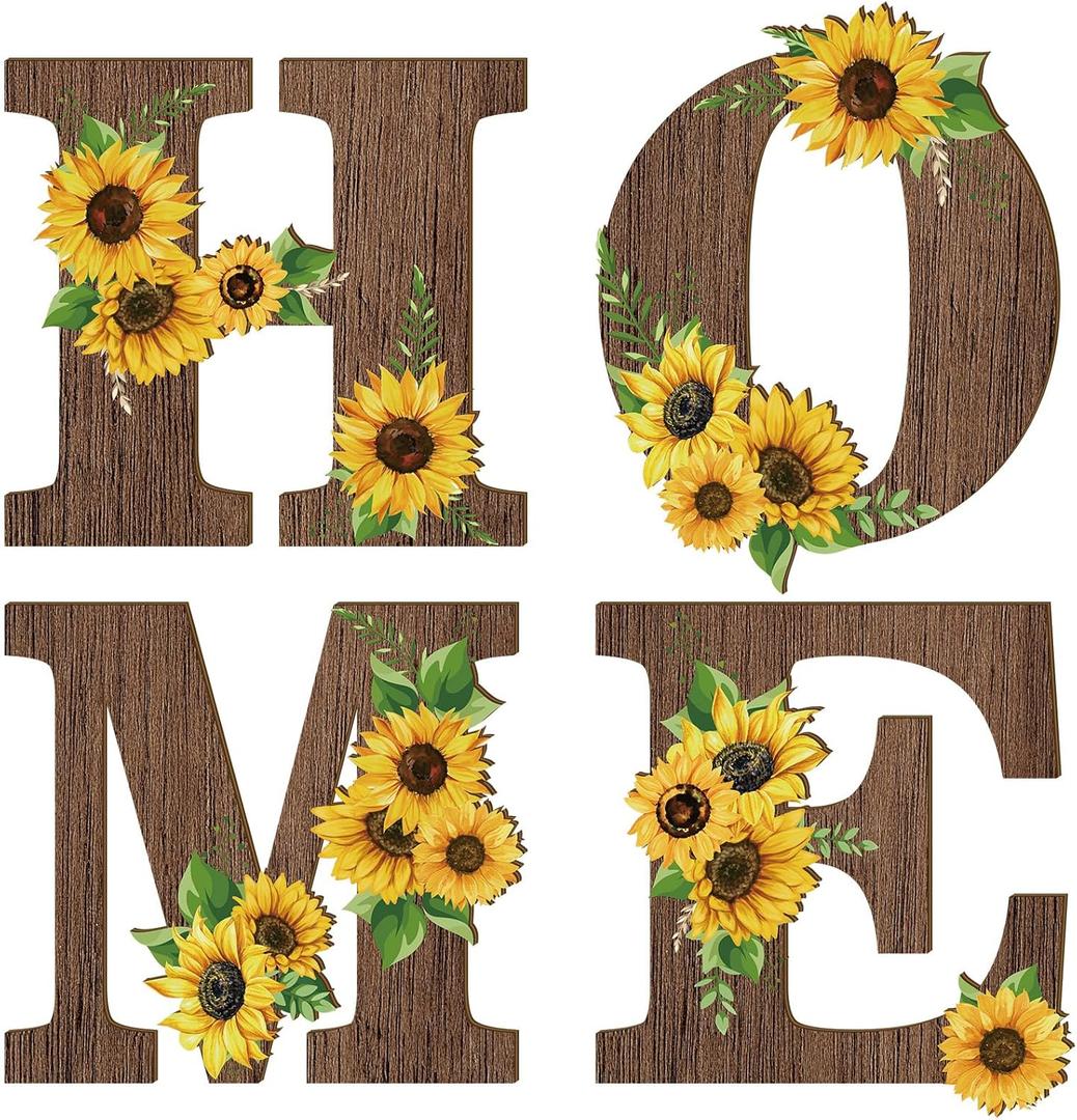 Geetery 4 Pcs Sunflower Kitchen Wall Decor Accessories Wood Rustic Sunflower Home Letters Decor Hanging Wall Art Signs Decorations for Home Living Room Kitchen Bedroom (Brown)